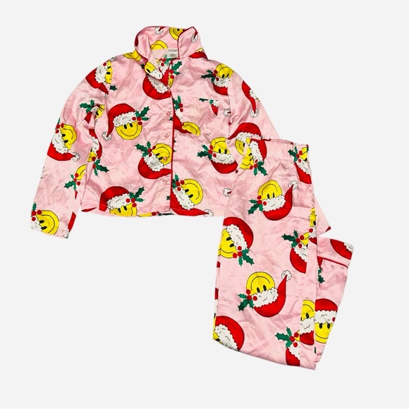 NEW ART CLASS Smiley Faces With Santa Hat Girls Button Down Christmas Pajamas. - Picture 2 of 11